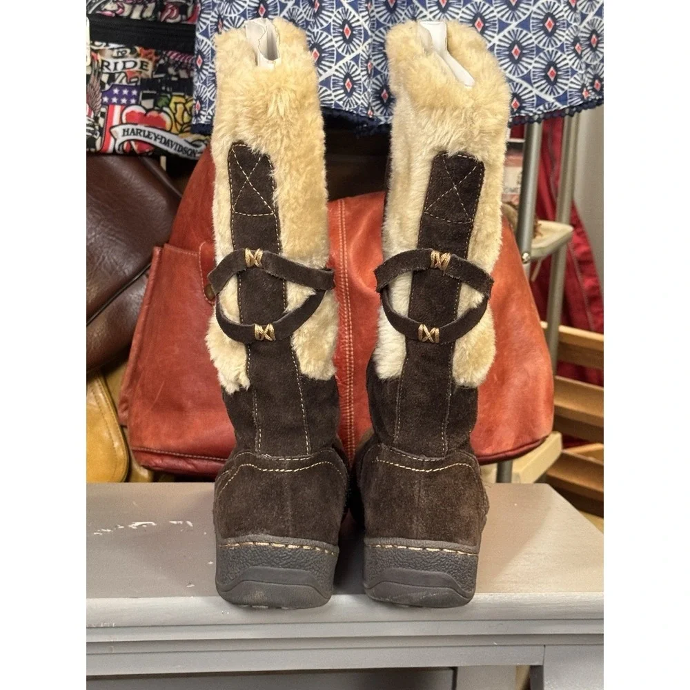 St John's Bay Brown Leather Suede & Faux Fur Boots Buckles Full Zip Size 8.5